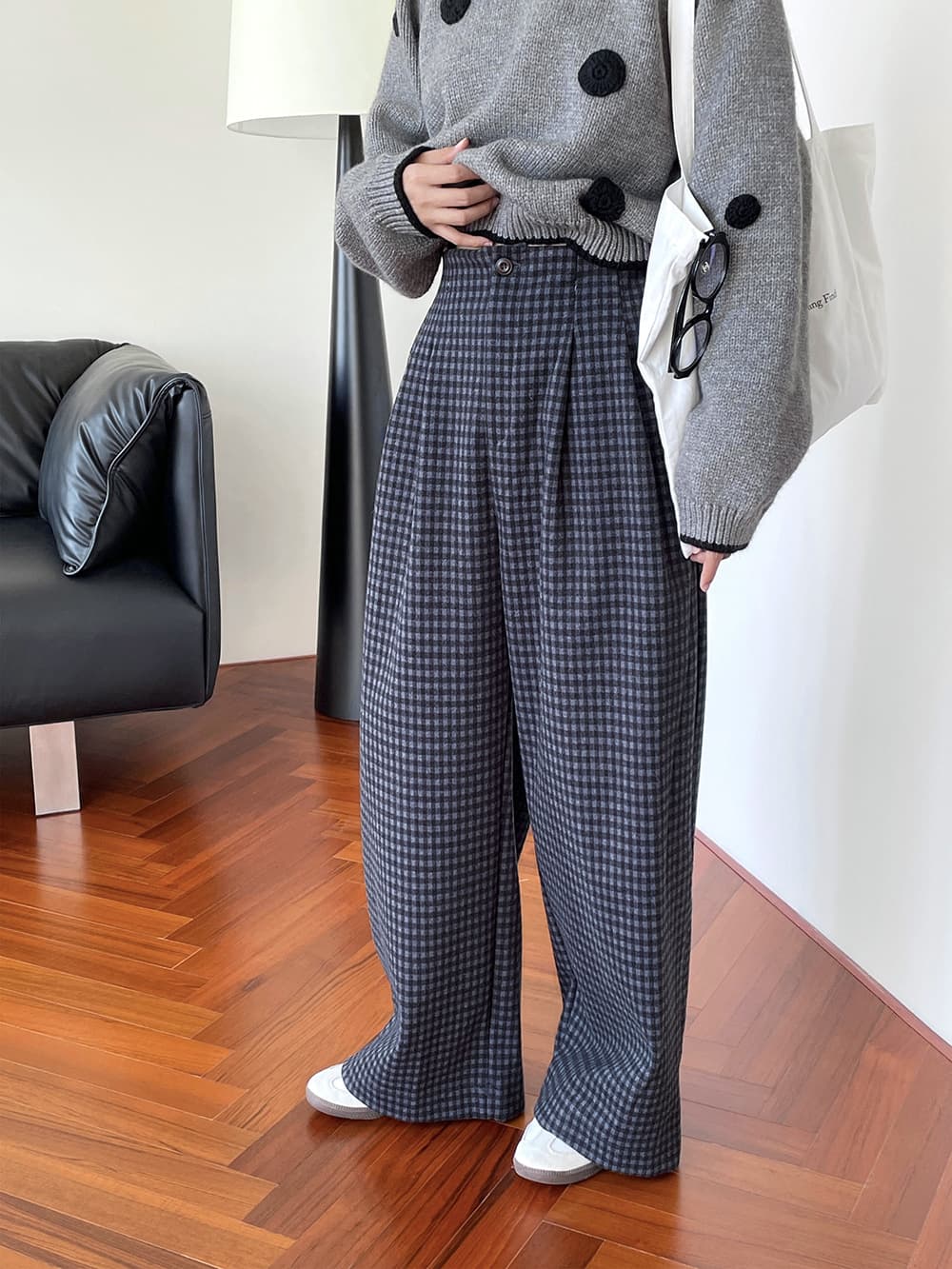 グレー パンツ ゆったり格子柄ワイドパンツ