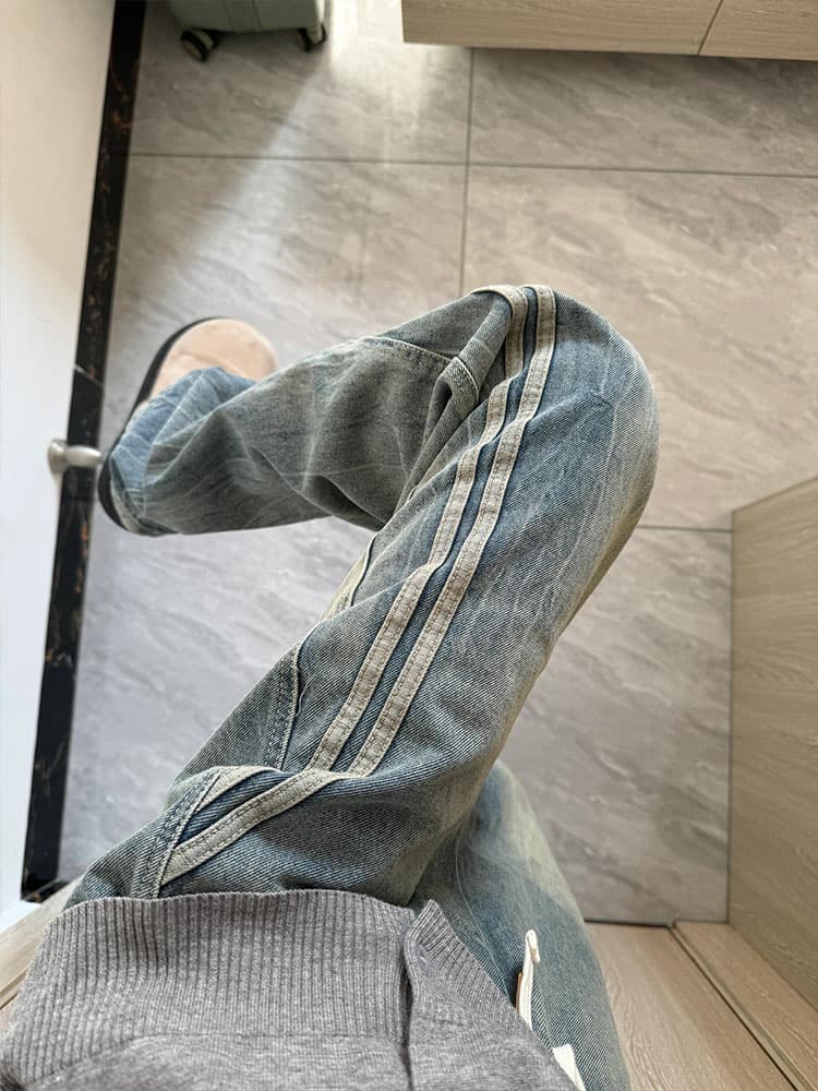 デニムパンツ サイドライン入りゆったりデニム