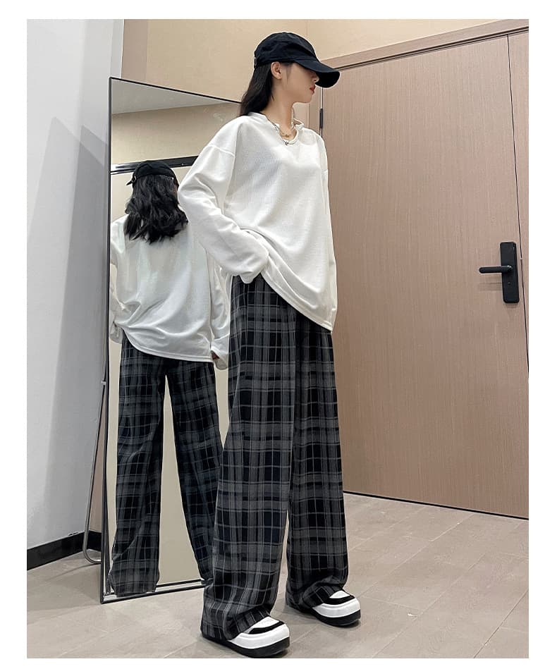 グレー パンツ ゆったりチェック模様 ワイドパンツ