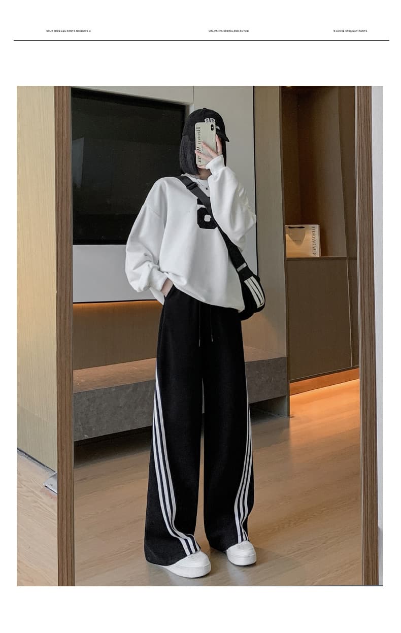 グレー パンツ 縦ライン入りワイドスラックス