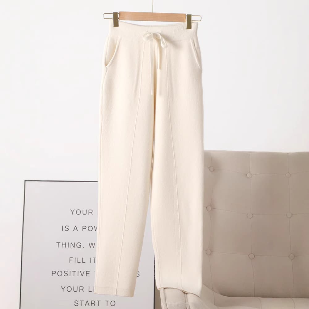 グレー パンツ なめらかニット素材 紐付きゆったりパンツ