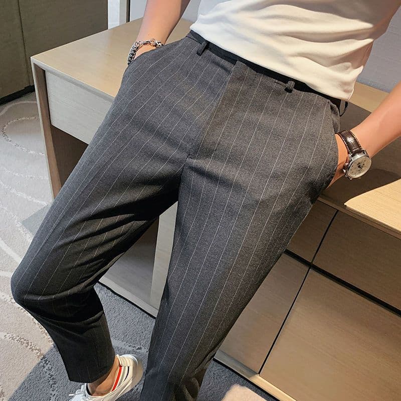 グレー パンツ ビジネスライン ストライプ スラックス