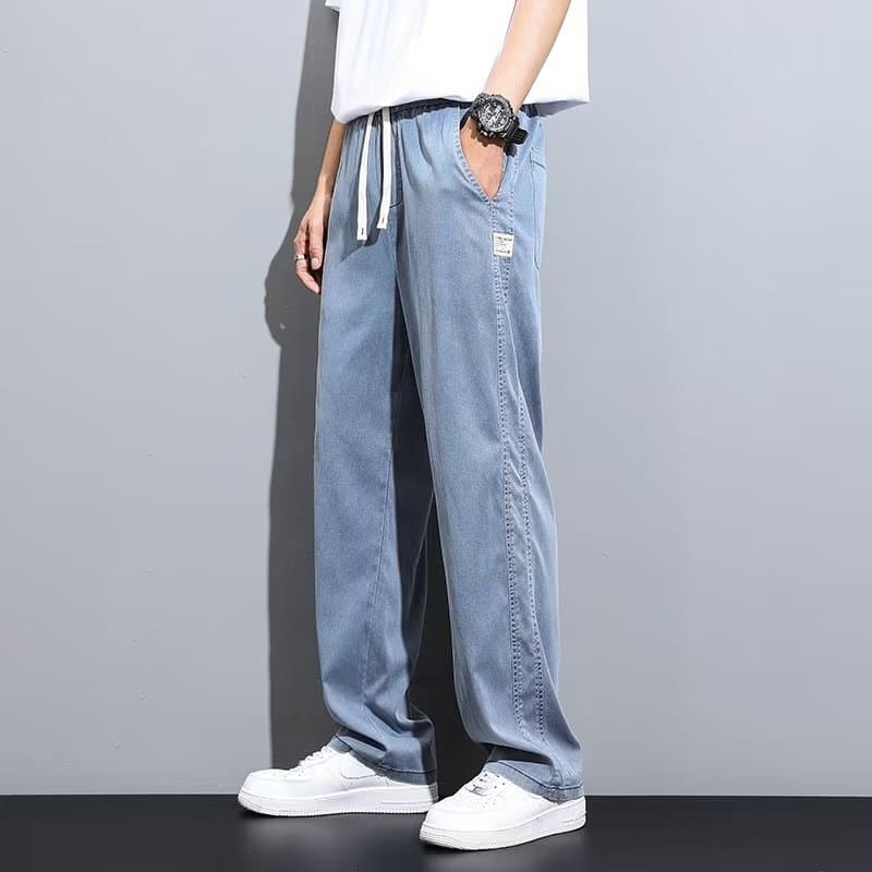 グレー パンツ ゆったりストレート デニム カジュアル パンツ