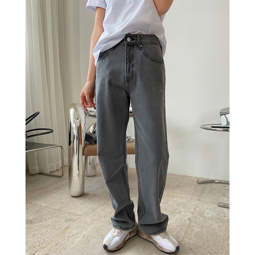 グレー パンツ ゆったりストレート デニム パンツ