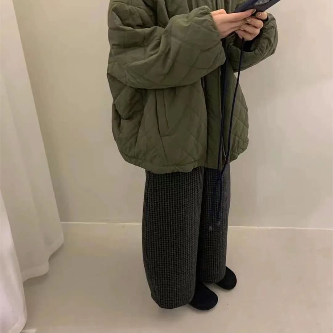 グレー パンツ ウール混チェック柄ゆったりパンツ