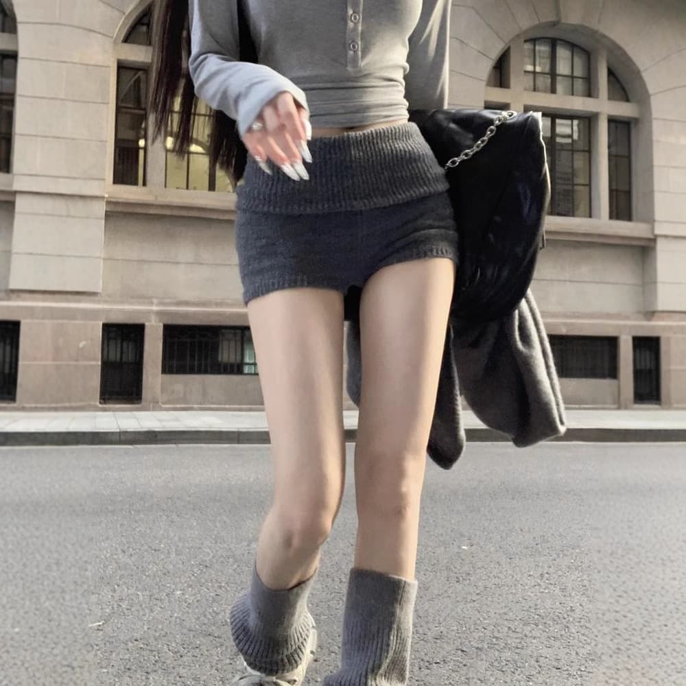 グレー パンツ モールニット リボン付き ゆるパンツ ショート