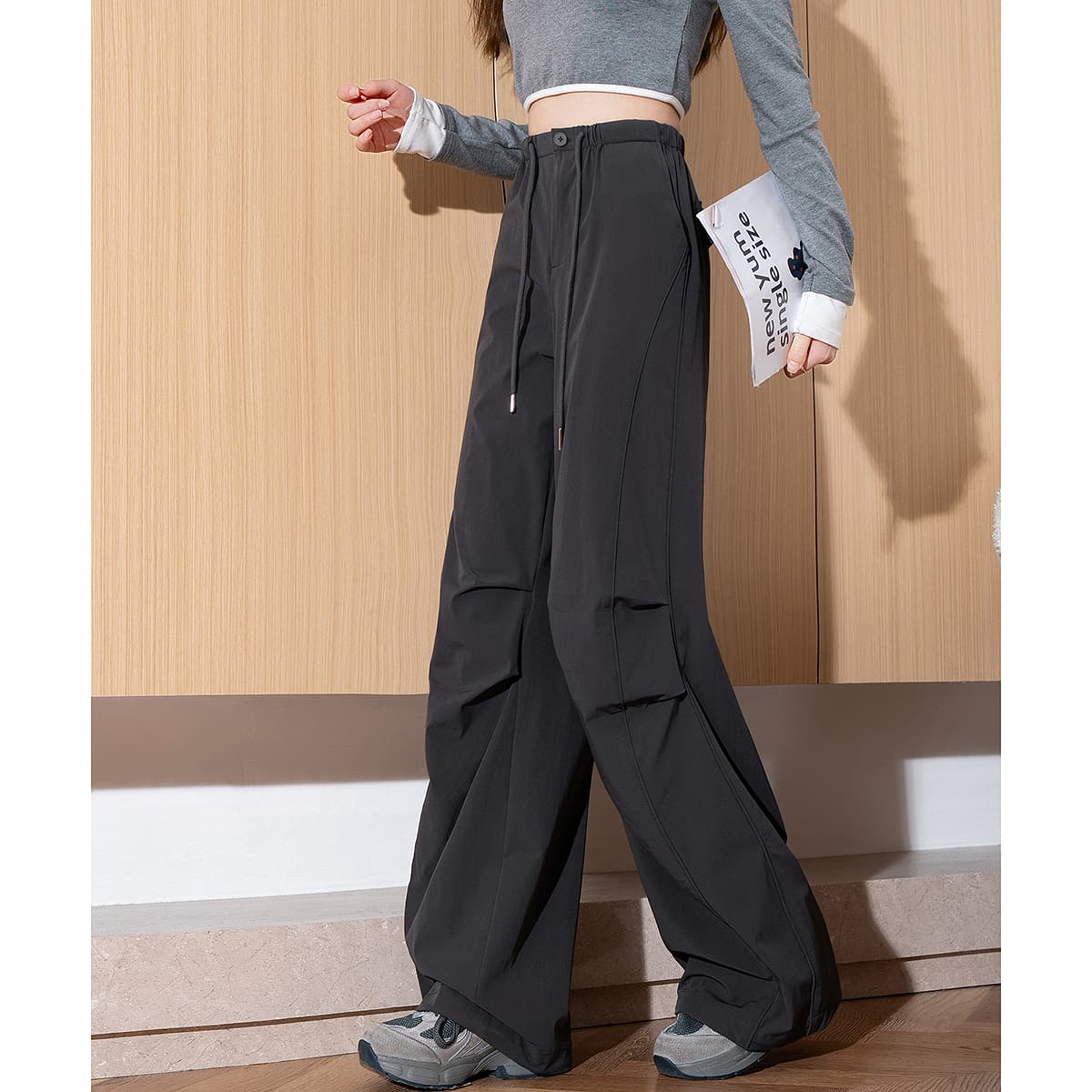 グレー パンツ ワイドシルエット ドローコード ルーズパンツ