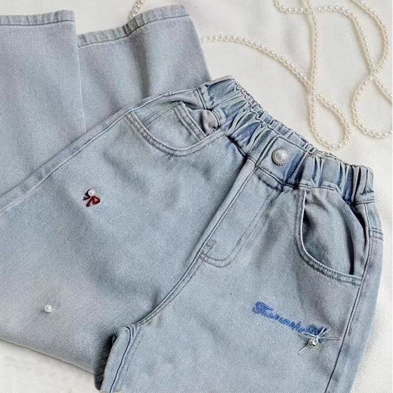 グレー パンツ リボン刺繍 ゆったりデニムパンツ