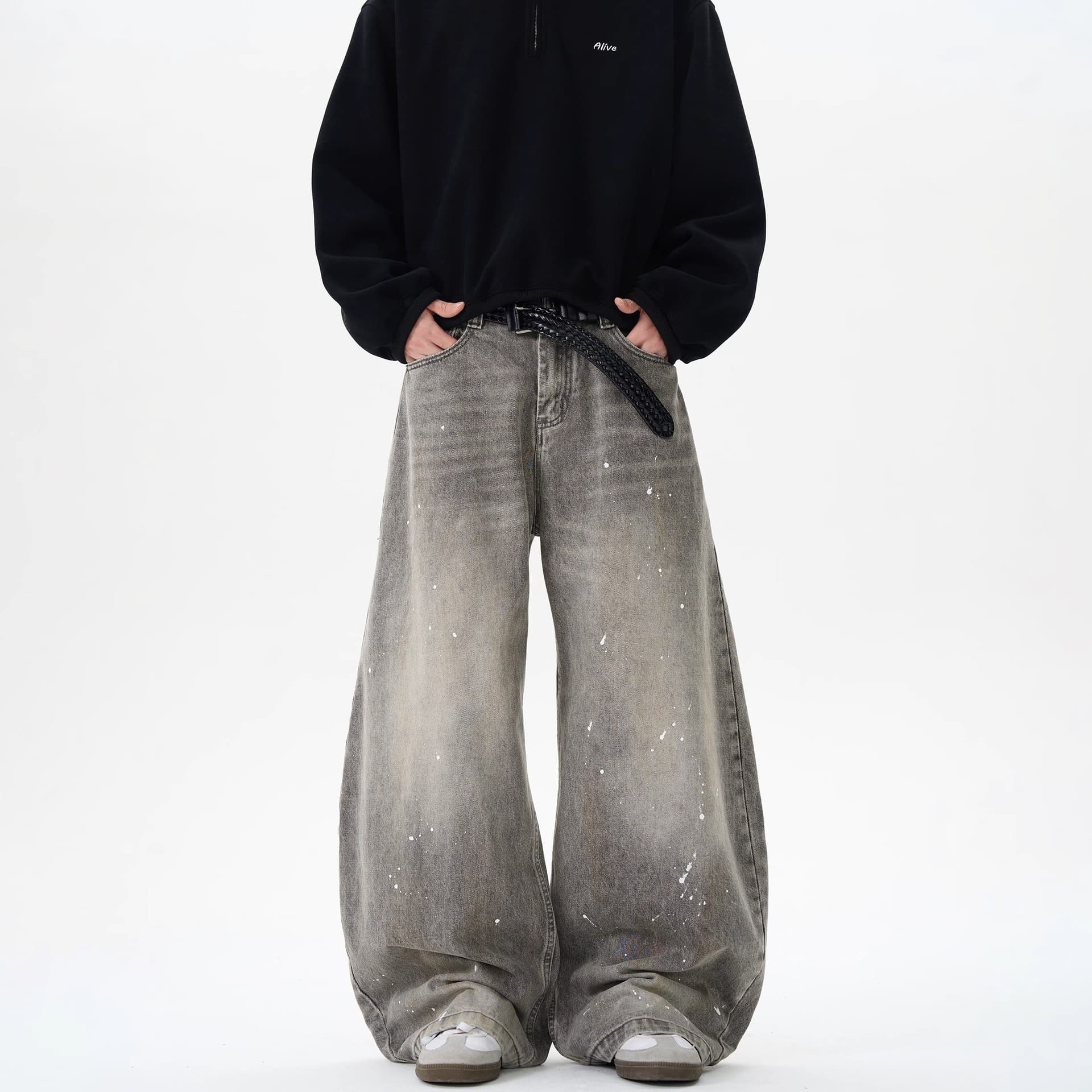 グレー パンツ ダメージ加工ワイドデニム