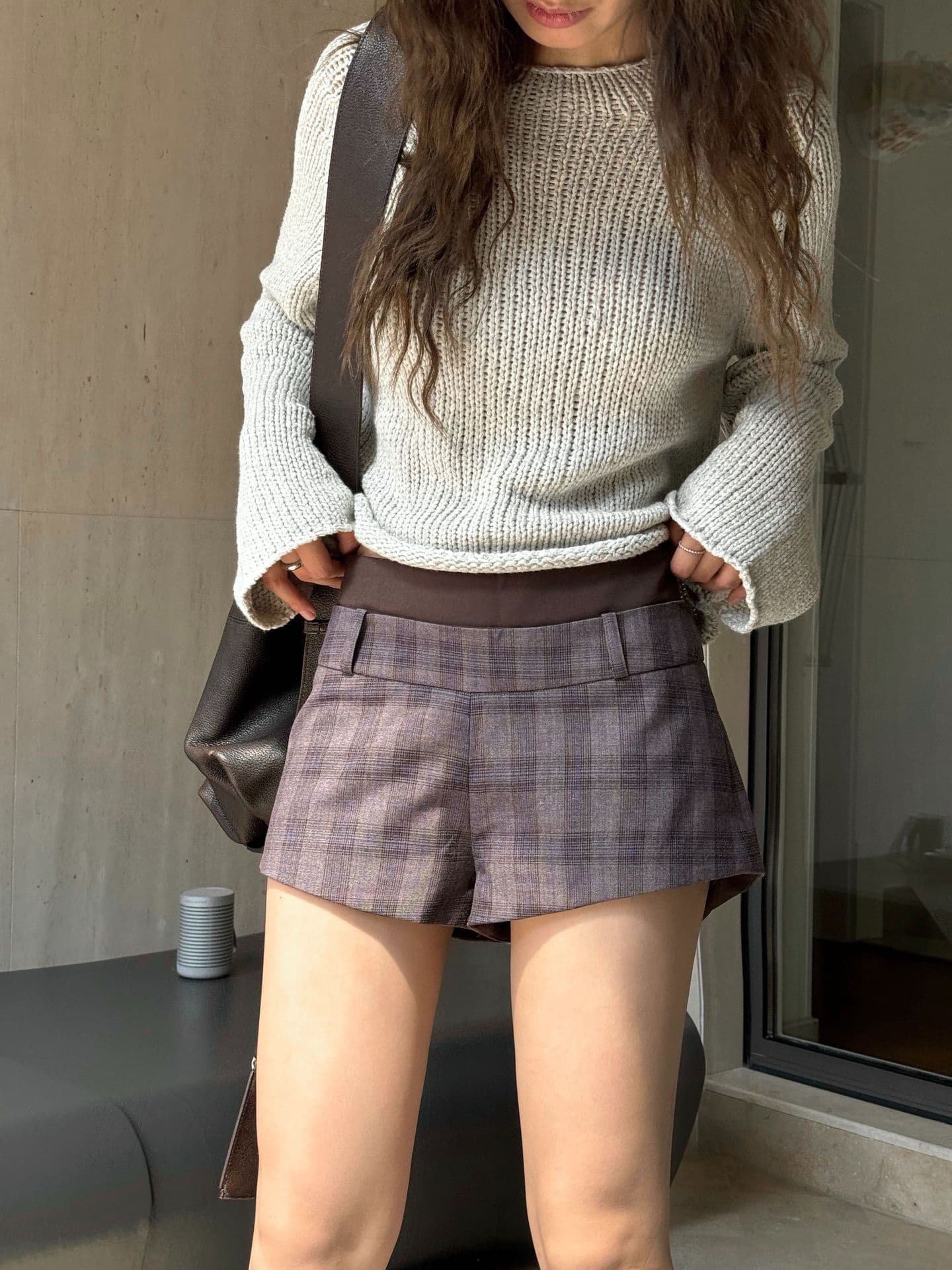 グレー パンツ チェック柄ショートパンツ ワイドウエストデザイン