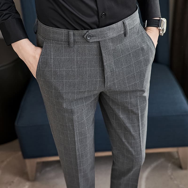 グレー パンツ 細身チェック柄スラックス