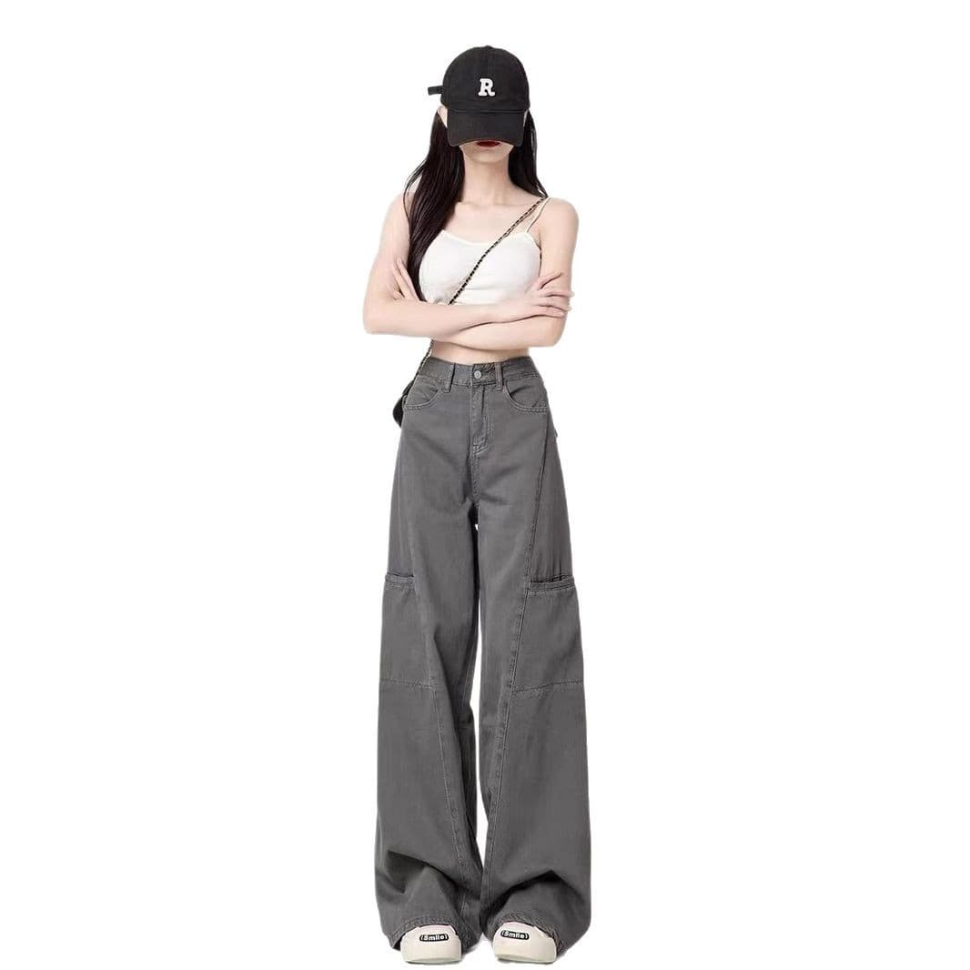 グレー パンツ ダブルポケット ワイドデニム パンツ