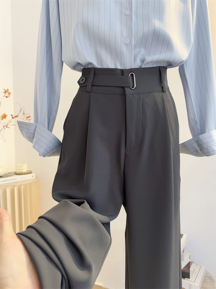グレー パンツ ハイウエストプリーツワイドパンツ