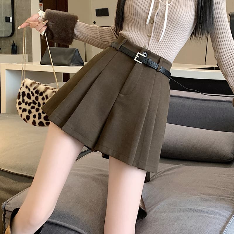 グレー パンツ プリーツミニスカート ファー袖ニット