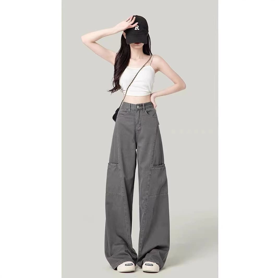 グレー パンツ ダブルポケット ワイドデニム パンツ