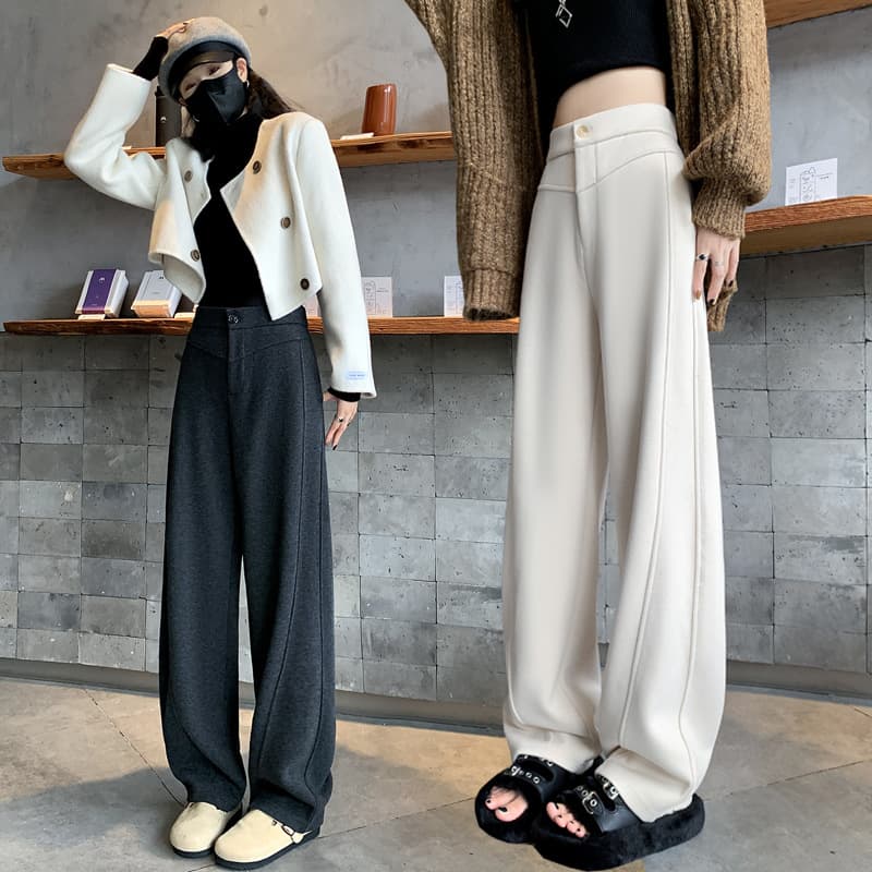 グレー パンツ ウール混ストレートワイドパンツ