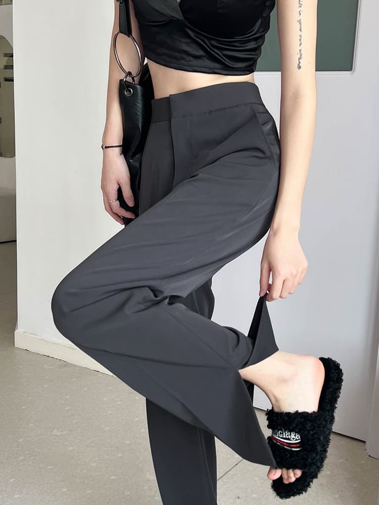 グレー パンツ スリット入り ゆったりシルエット スラックス