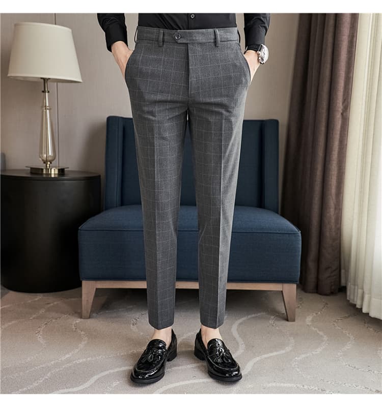 グレー パンツ 細身チェック柄スラックス