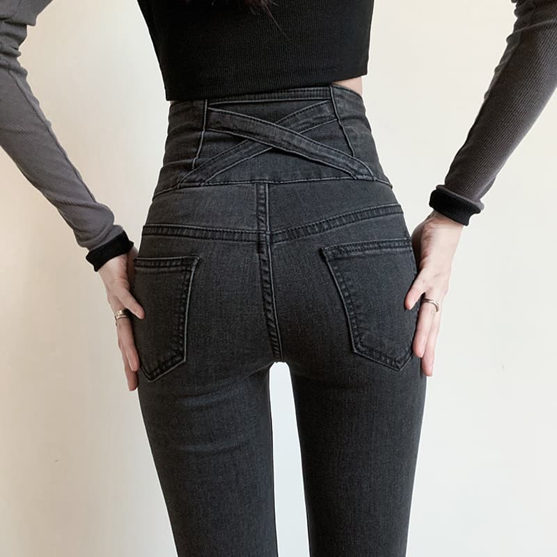 グレー パンツ クロスデザイン 高腰細身美脚パンツ