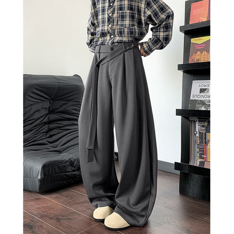 グレーパンツ タックパンツ プリーツデザインワイドシルエット 