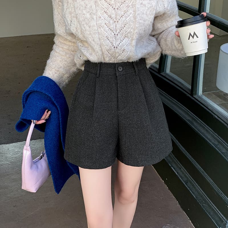 グレー パンツ ウールブレンド プリーツ ボリューム ショート パンツ