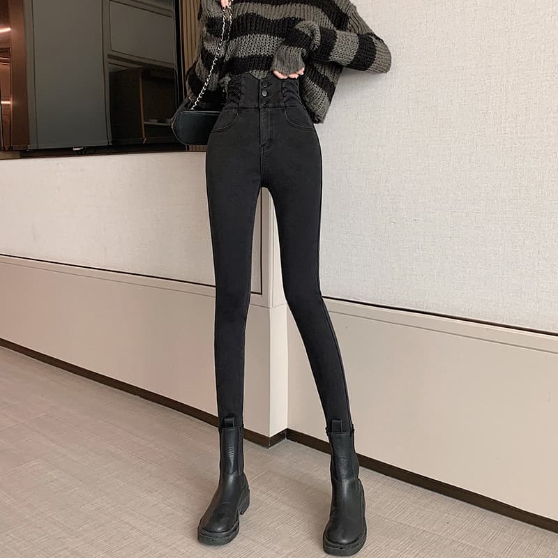 グレー パンツ ハイウエストボタンデニムパンツ