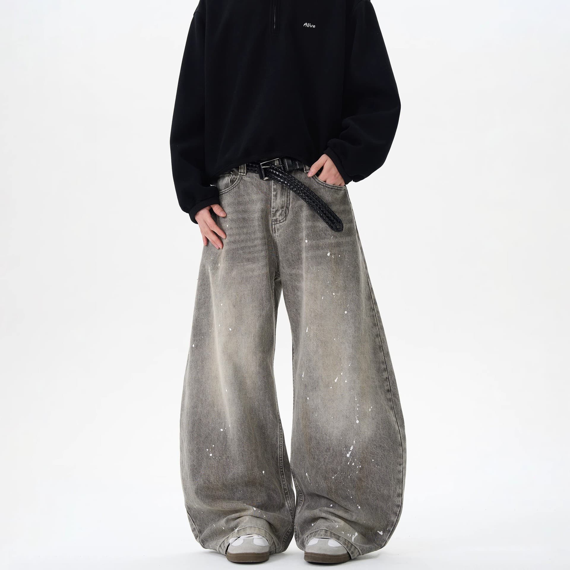 グレー パンツ ダメージ加工ワイドデニム