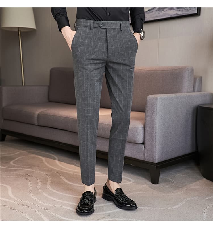 グレー パンツ 細身チェック柄スラックス