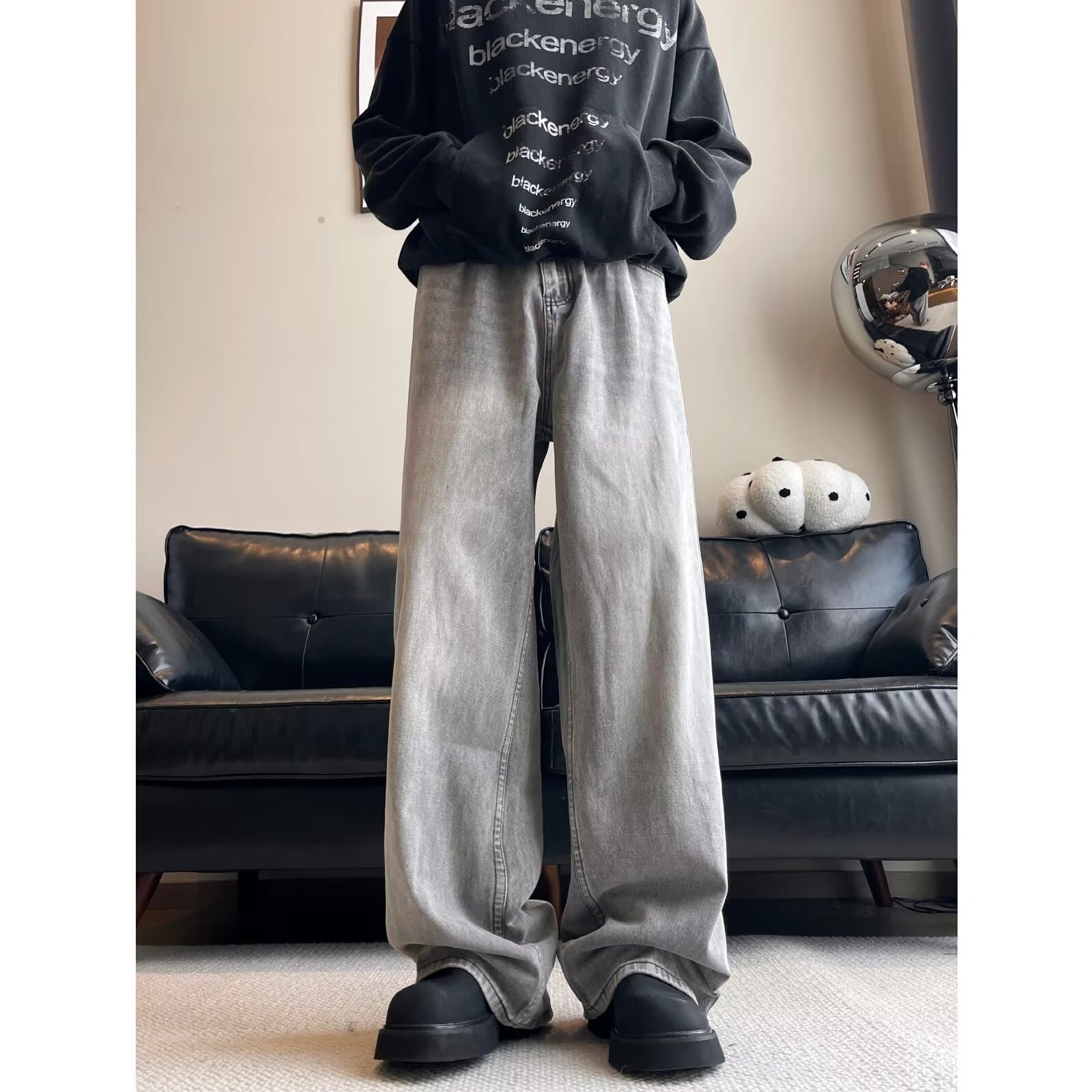グレー パンツ ゆったりワイドバギーデニム