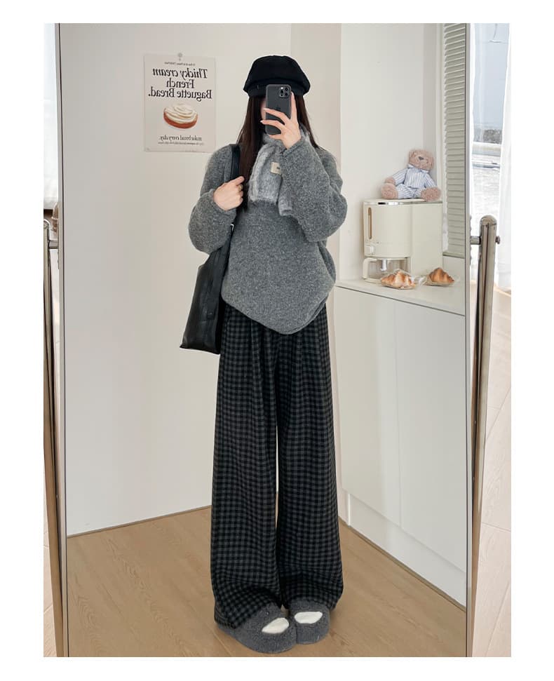 グレー パンツ ふわもこチェックルームパンツ
