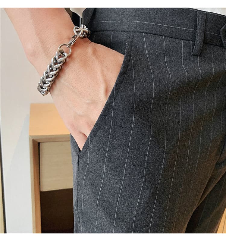 グレー パンツ ビジネスライン ストライプ スラックス