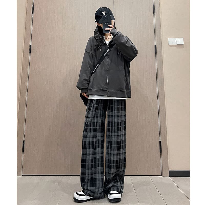 グレー パンツ ゆったりチェック模様 ワイドパンツ