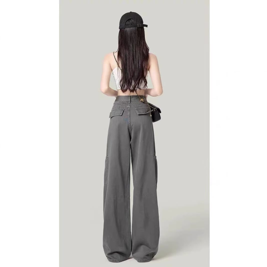 グレー パンツ ダブルポケット ワイドデニム パンツ