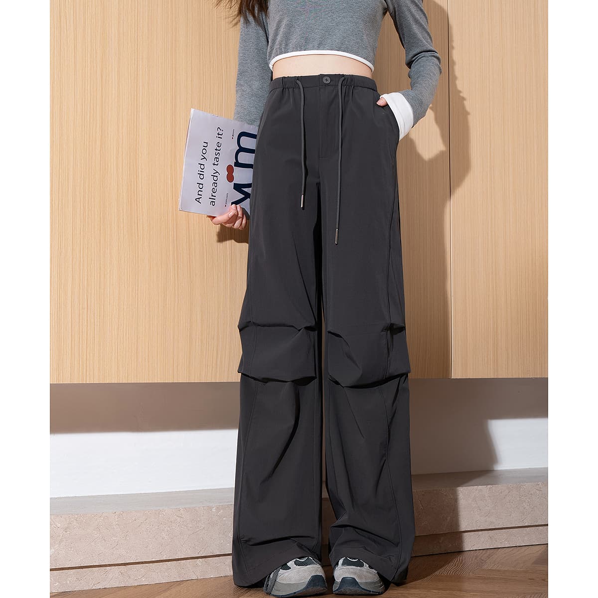 グレー パンツ ワイドシルエット ドローコード ルーズパンツ