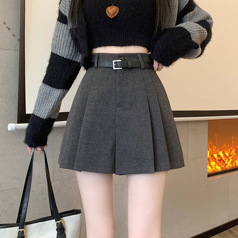 グレー パンツ プリーツミニスカート ファー袖ニット