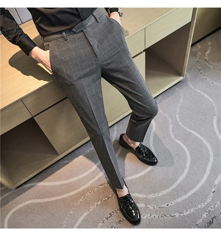 グレー パンツ 細身チェック柄スラックス