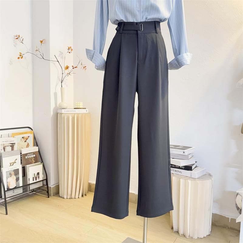 グレー パンツ ハイウエストプリーツワイドパンツ