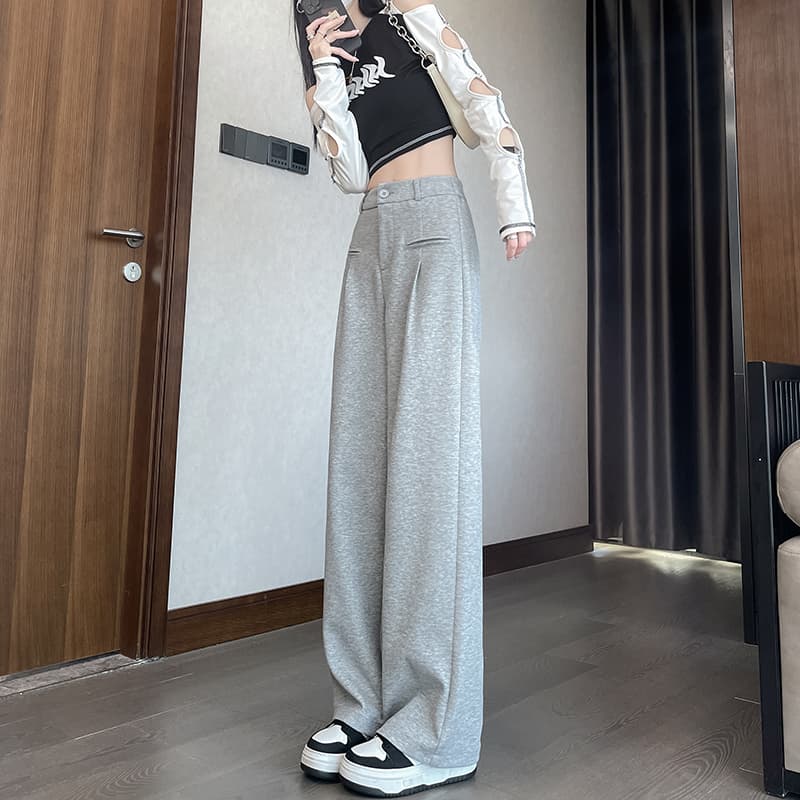 グレー パンツ リラックス美脚ワイドパンツ