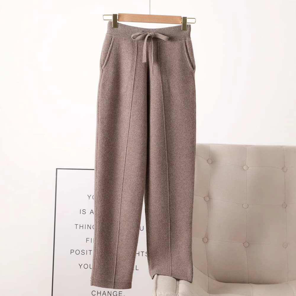 グレー パンツ なめらかニット素材 紐付きゆったりパンツ