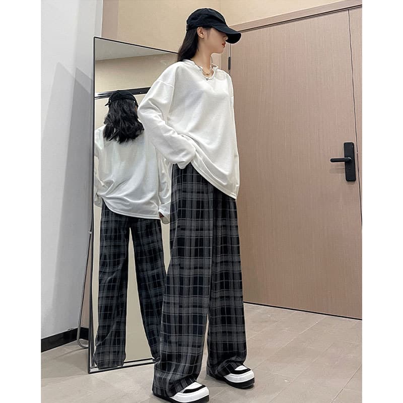 グレー パンツ ゆったりチェック模様 ワイドパンツ