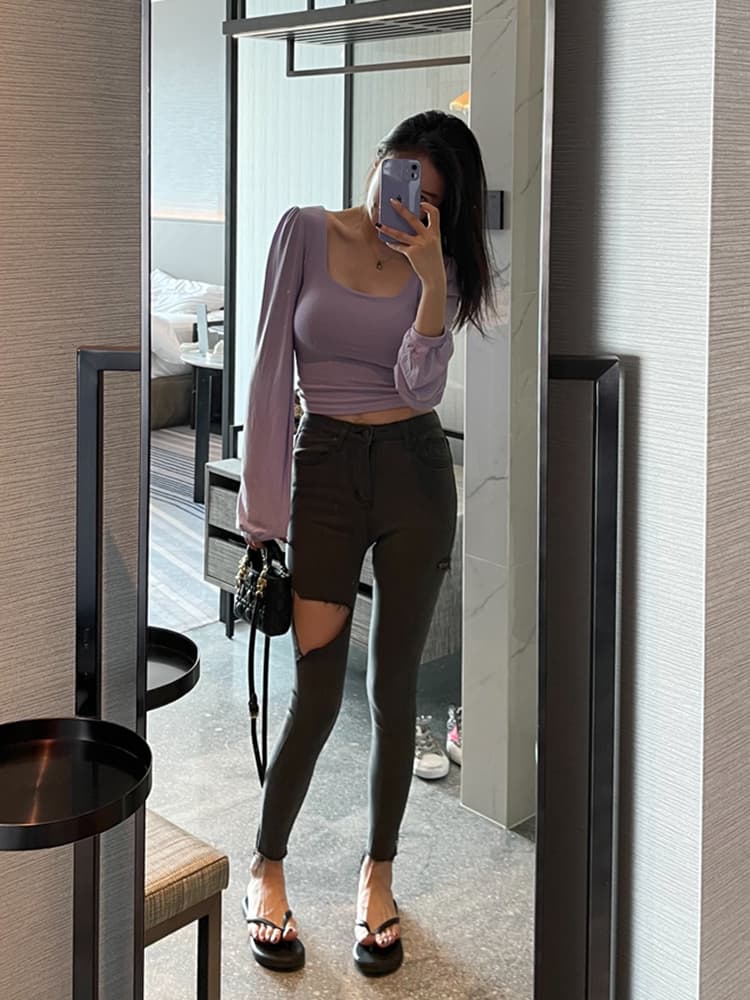 グレー パンツ  美脚魅せるダメージ加工細身パンツ