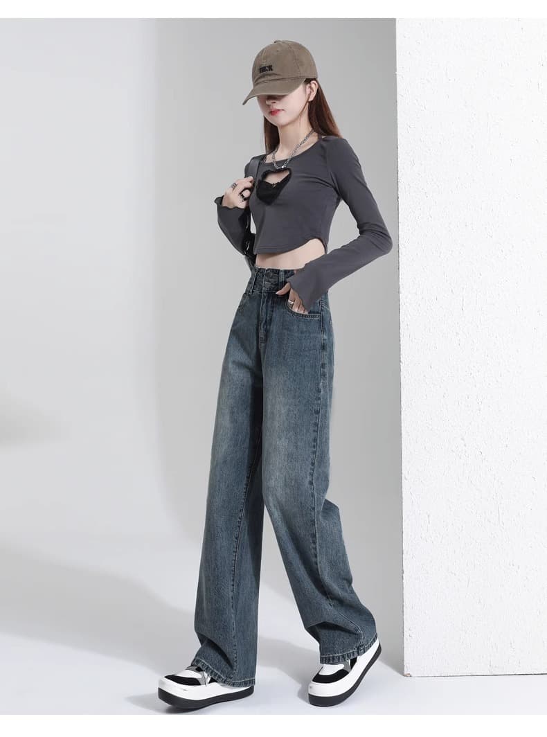 グレー パンツ ハイウエストワイドデニムパンツ