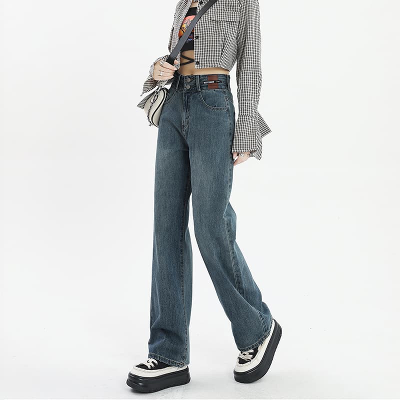 グレー パンツ ハイウエストワイドデニムパンツ
