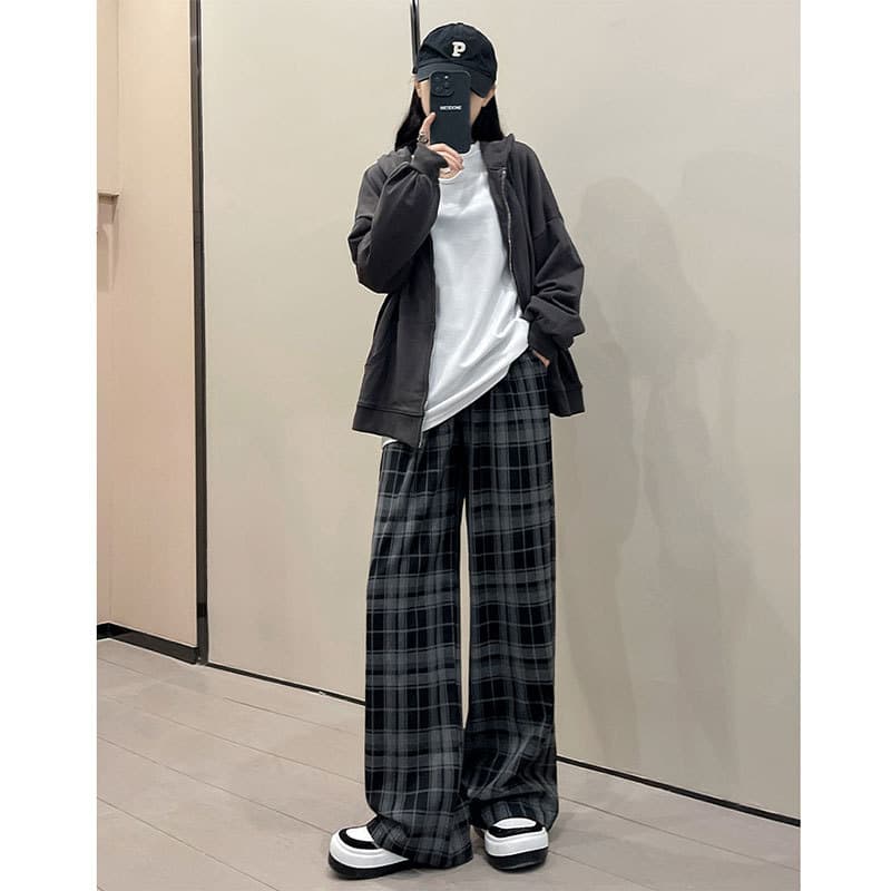 グレー パンツ ゆったりチェック模様 ワイドパンツ