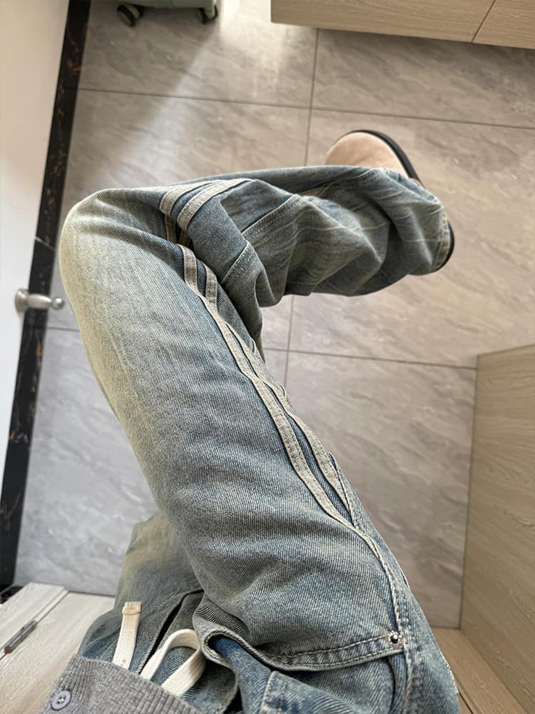 デニムパンツ サイドライン入りゆったりデニム