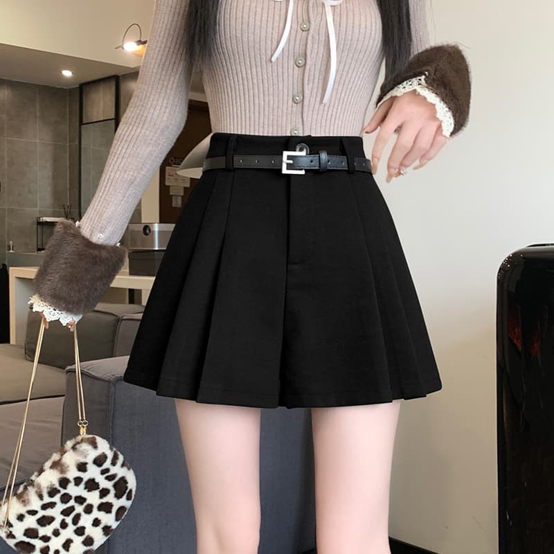グレー パンツ プリーツミニスカート ファー袖ニット