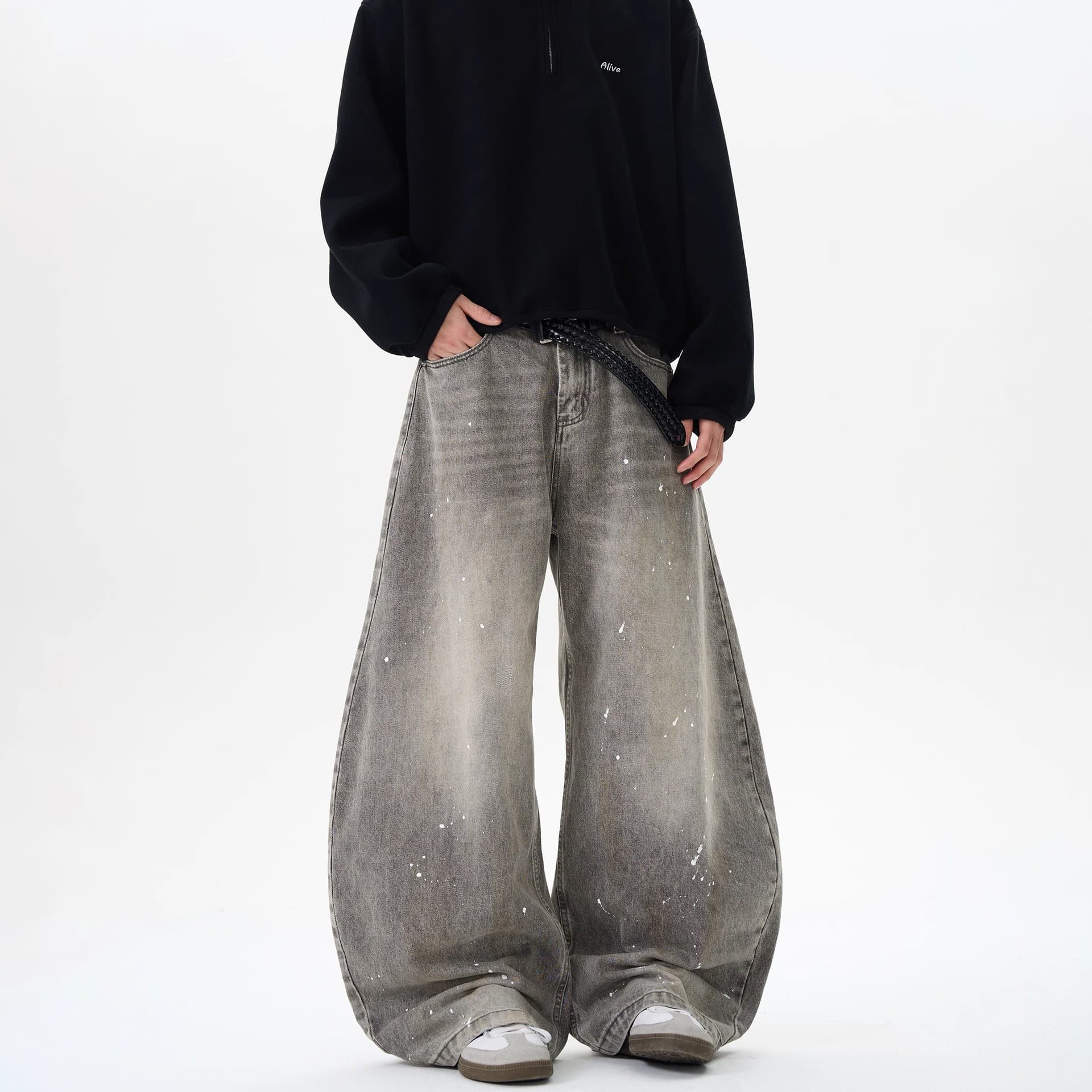 グレー パンツ ダメージ加工ワイドデニム