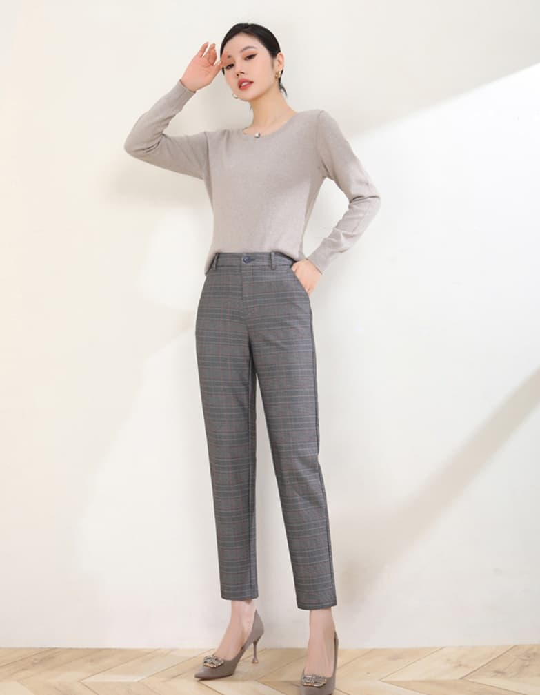 グレー パンツ チェック柄パンツ 上品で洗練されたテーパードデザイン スラックス