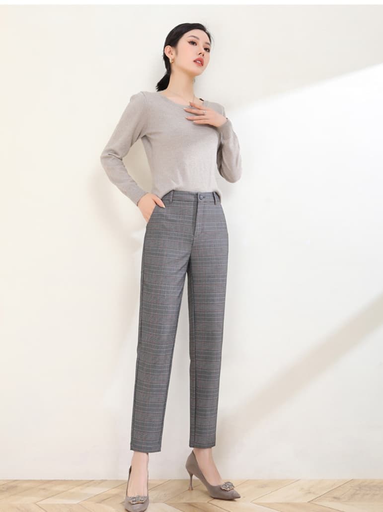 グレー パンツ チェック柄パンツ 上品で洗練されたテーパードデザイン スラックス