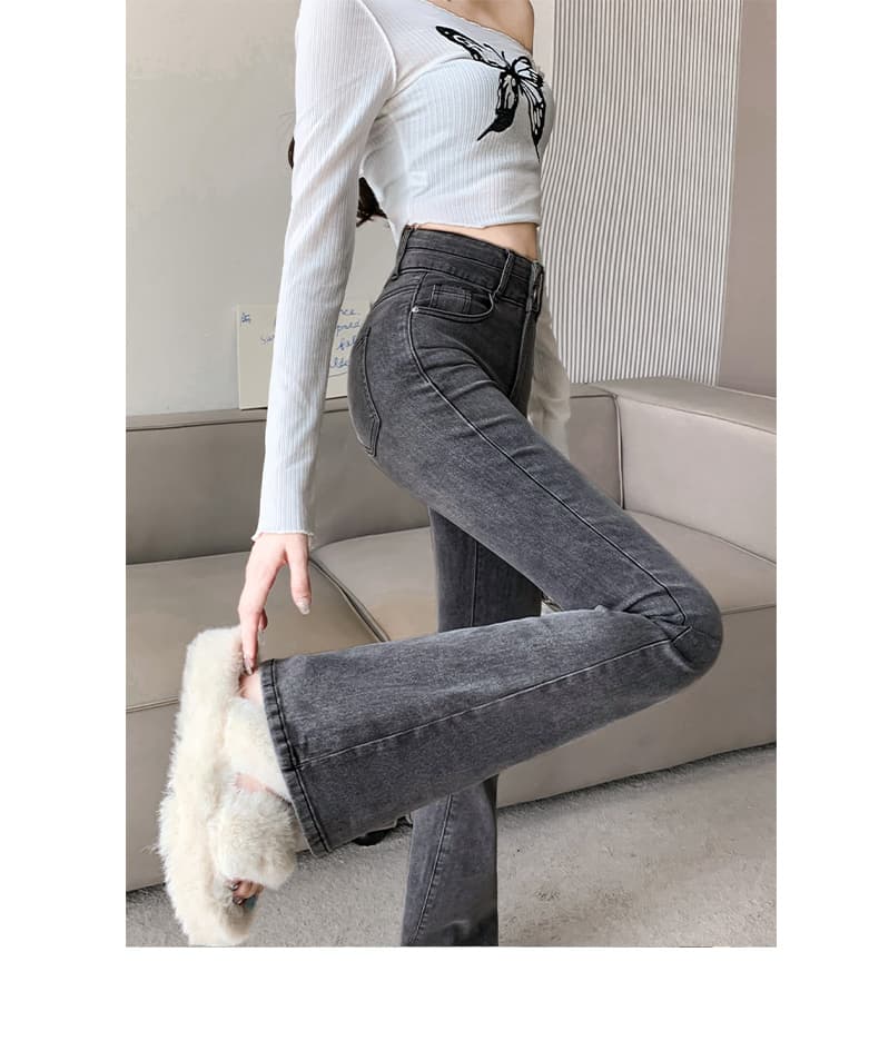 グレー パンツ 細見えハイウエストフレアデニム